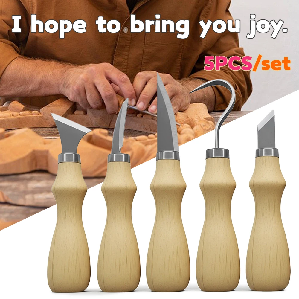 Craft Knife Set - ชุดเครื่องมือแกะสลักไม้ 5 ชิ้น, มีดโค้งสำหรับงานศิลปะและงานฝีมือ, สำหรับแกะสลักไม้ด้วยมือ, เครื่องมือแกะสลักแบบพกพา