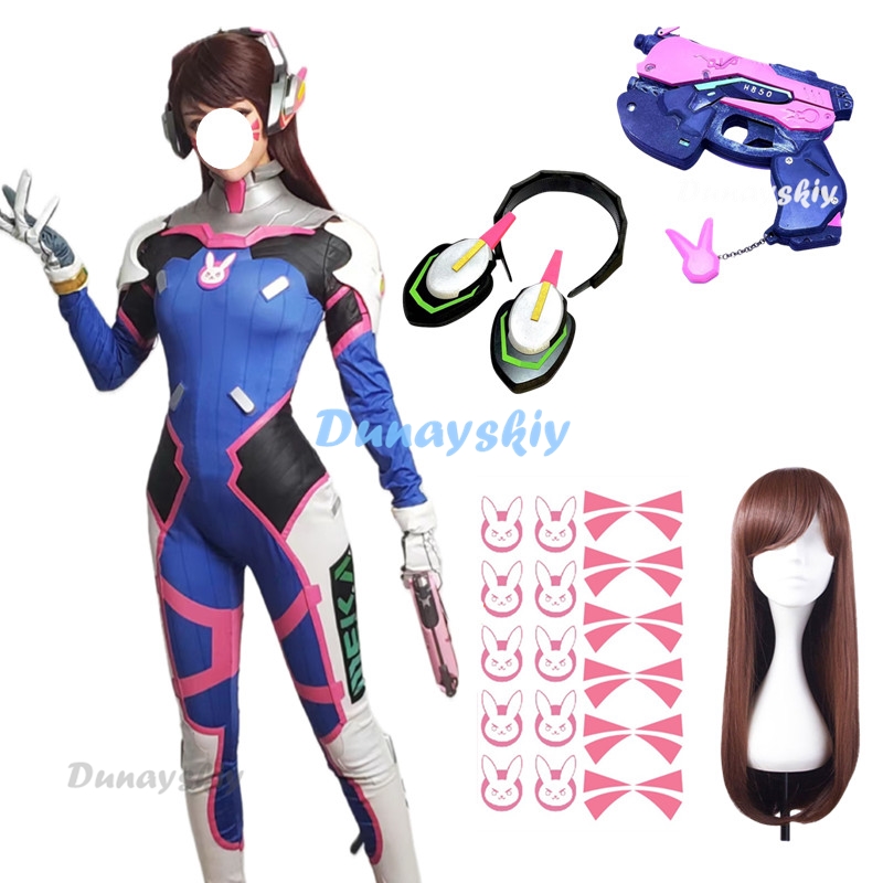 Dva Cosplay Prop - ชุดจั๊มสูทผู้หญิงอนิเมะ DVA วิกชุดคอสเพลย์ผู้หญิงชุดคอสเพลย์ชุดหูฟัง DVA cos ปาร์ตี้ชุดฮาโลวีน